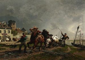 Am Niederrhein. Dreispanner Am Ufer Des Flusses Bei Aufziehendem Regen by Wilhelm Lommen