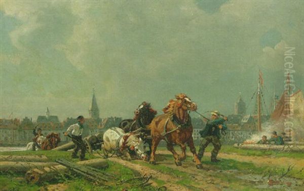 Horses Pulling A Heavy Load On A Sandy Road With Dusseldorf Beyond - view 1