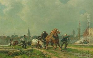 Horses Pulling A Heavy Load On A Sandy Road With Dusseldorf Beyond