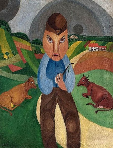 Farmer With Cows In Landscape - view 1
