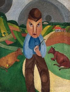 Farmer With Cows In Landscape