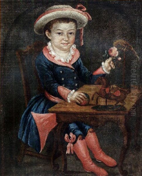 Portrait Of A Young Boy (carl Christian Friedrich Zinsch?) Wearing A Red Lined Blue Costume And Hat, Holding A Rose - view 1