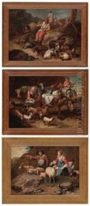 Shepherds With Their Grazing Sheep; Shepherds Resting With Their Flock; And Peasants Travelling With Donkeys And Sheep (3) by Francesco Londonio