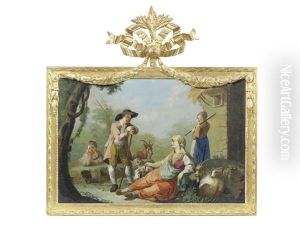 Goatherds By A Cottage; And Shepherds By A Stone Barn (pair) by Francesco Londonio