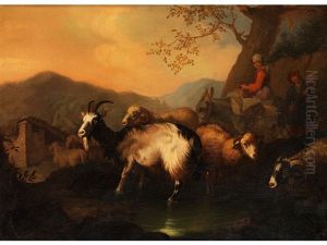 Landschaft Mit Einer Gruppe Junger Schafer, Schafe Und Ziegen by Francesco Londonio
