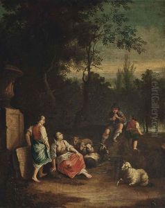 An Wooded Landscape With A Shepherd And His Flock Conversing By A Stone Urn