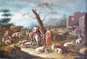 Schaferfamilie Mit Weidenden Schafen Und Ziegen