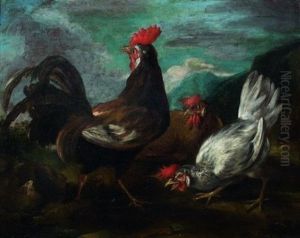 Coq Et Deux Poules Dans Un Paysage De Montagne Coq Et Deux Poules Dans Un Paysage De Montagne