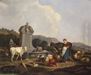 Landschaft Mit Bauerin, Brunnen Und Herde