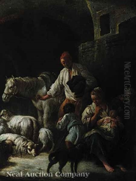 Shepard With His Young Family And Flock - view 1