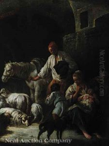 Shepard With His Young Family And Flock by Francesco Londonio