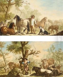 Landscape With A Stablehand With His Horses (+ Landscape With A Drover And His Cattle; Pair)