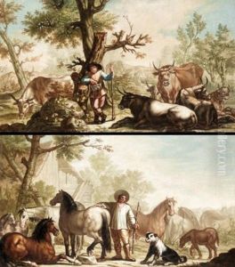 Landscape With A Drover And His Cattle (+ Landscape With A Stablehand With His Horses; Pair)