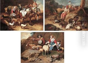 Shepherds With Their Grazing Sheep (+ 2 Others; Set Of 3)
