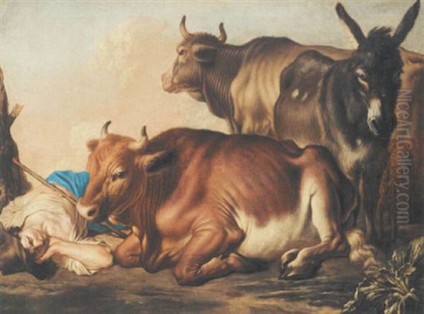 A Shepherd Asleep Beside Two Cows - view 1