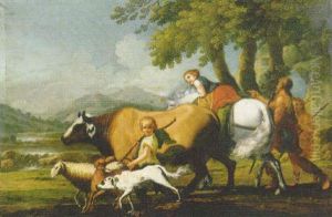 Familia De Campesinos Con Una Vaca, Un Caballo, Ovejas Y Un Perro En Un Paisaje Boscoso by Francesco Londonio
