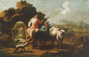 Viajante Y Ganadero En Un Sendero Con Un Arroyo En Un Paisaje Y Una Villa Al Fondo by Francesco Londonio