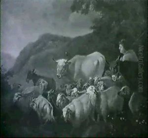 Hirt Mit Herde In Einer Landschaft by Francesco Londonio