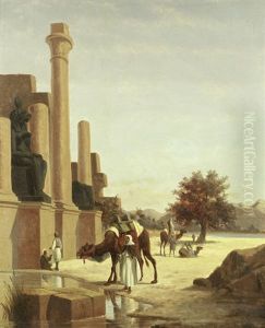 Camels And Riders Resting Before A Temple