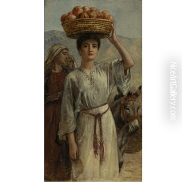 Woman Carrying A Basket Full Of Pomegranates - view 1