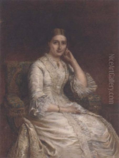 Portrait Of A Lady, Seated, In A White Dress, In A Panelled Interior - view 1