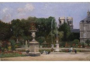 Ansicht Eines Herrschaftlichen Parks Mit Springbrunnenbassin, Grossen Vasen Und Einer Doppelturmen Kirche Im Hintergrund by A. Benoit