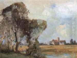 River With Farmhouses In Background by Sydney Long