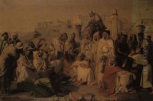 Figures Before A North African Town by Louis Anselme Longa