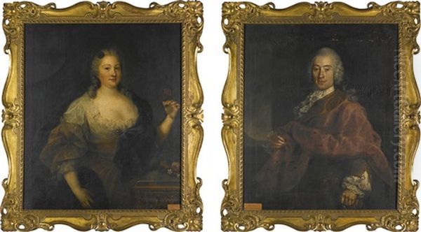 Portrait Of A Gentleman, Said To Be Sir William Stuart, 2nd Bt. (d. 1777), Three-quarter-length, Wearing Dark Red With Lace Sleeves; And His Wife, Lady Stuart (d. Circa 1779), Three-quarter-length, Wearing A Blue Dress And Holding A Red Flower In Her Left - view 1