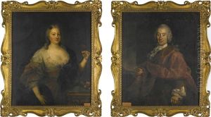 Portrait Of A Gentleman, Said To Be Sir William Stuart, 2nd Bt. (d. 1777), Three-quarter-length, Wearing Dark Red With Lace Sleeves; And His Wife, Lady Stuart (d. Circa 1779), Three-quarter-length, Wearing A Blue Dress And Holding A Red Flower In Her Left