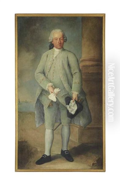 Portrait Of A Gentleman, Full-length, In A Powder-blue Suit And Coat, Holding A Tricorn Hat And Gloves, The Venetian Lagoon Beyond - view 1