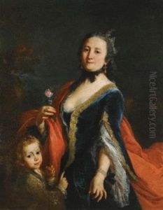 Portrait Of A Lady, Standing, Holding A Rose And A Boy Holding An Apple Beside Her by Alessandro Longhi