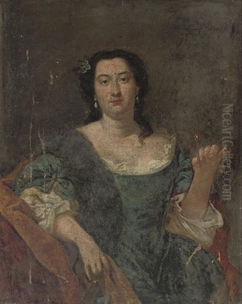 Portrait Of A Lady In A Blue Dress And Brown Mantle, A Jewelled Pin In Her Left Hand - view 1