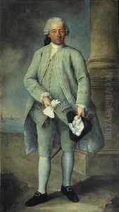Portrait Of A Gentleman Wearing A Powder-blue Costume And Holding A Tricorn Hat And Gloves, The Venetian Lagoon Beyond