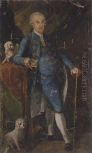 Portrait Of A Gentleman By A Table, In A Blue Costume With Gold Embroidery, Two Spaniels At His Side, Holding A Cane In His Left Hand Portrait Of A Gentleman By A Table, In A Blue Costume With Gold Embroidery, Two Spaniels At His Side, Holding A Cane In His Left Hand