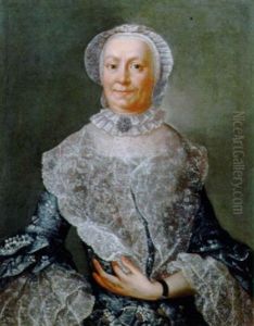 Portrait Of An Elderly Woman Wearing A Light Blue Satin Dress With Lace Cuffs, Collar And Bonnet