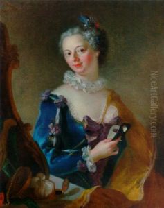 Portrait Of A Lady Wearing A Blue Dress With White Lace Trim Before A Mirror, Holding A Mask In Her Right Hand by Alessandro Longhi