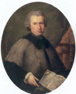 Portrait Of Monsignor Francesco Dall'acqua, Wearing A Grey Cloak And Holding A Copy Of His Book, In A Library