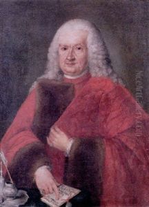 Portrait Of Aloisio Foscari Seated At A Table Wearing The Red Robes Of A Venetian Senator, Pointing To A Sealed Letter by Alessandro Longhi