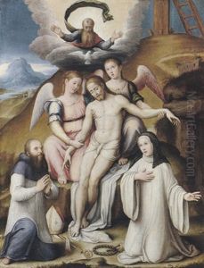 Pieta With Two Angels And A Bishop And A Nun Kneeling Before The Dead Christ by Lucca Longhi