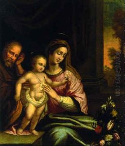 The Holy Family On A Terrace With A Vase Of Flowers by Lucca Longhi