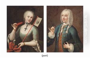 Portrait Of A Lady, In A Blue Dress, Eating A Watermelon And Holding A Miniature; Portrait Of A Gentleman, In A Blue Coat And Embroidered Waistcoat, His Tricorn Under His Left Arm, Presenting A Ring; Portrait Of A Lady, In A Green Dress And Black Veil by Pietro Longhi