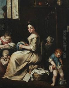 Interior With A Mother And Her Children, The Small Boy Is Peeing In A Pot