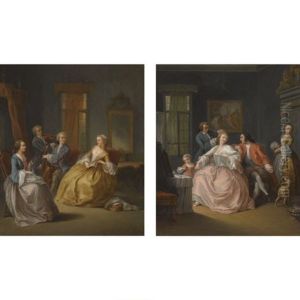 Violinist And A Cellist Playing For Two Ladies (+ Lady Having Her Hair Coiffured, Seated Beside A Child And A Man, Two Maids Beyond; Pair)