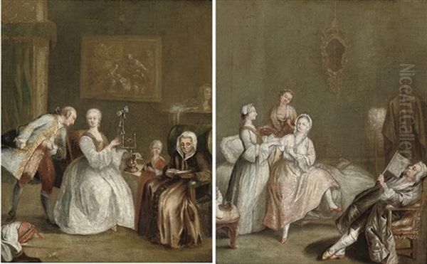 Elegant Company In An Interior With A Lady Spinning Wool (+ A Lady In Her Bed Chamber; Pair) - view 1