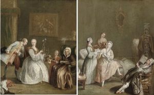 Elegant Company In An Interior With A Lady Spinning Wool (+ A Lady In Her Bed Chamber; Pair) by Pietro Longhi