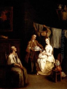 An Interior With A Boy-servant Bringing A Young Lady A Bonnet, An Elderly Lady Seated Nearby And A Maid Hanging Laundry Beyond (la Modista) by Pietro Longhi