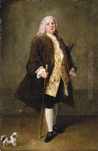 Portrait Of A Gentleman In A Gold-embroidered Waistcoat And Brown Coat, Holding A Cane, His Dog Beside Him by Pietro Longhi