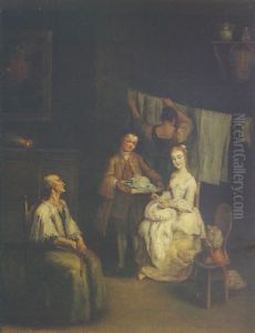An Interior With A Boy-servant Bringing A Young Lady A Bonnet, An Eldery Lady Seated Nearby And A Maid Hanging Laundry Beyond by Pietro Longhi