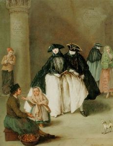 Two Elegant Figures In Mask With A Fruit Seller by Pietro Longhi